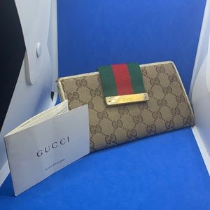 🔥 Rare GUCCI  Sherry Web GG‎ Monogram Canvas & White Leather Wallet